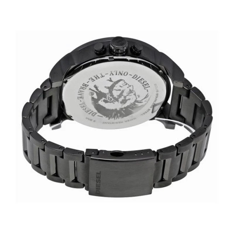 Rear view of the Diesel DZ7331 men's watch highlighting the gunmetal stainless steel link bracelet and closed deployment clasp.