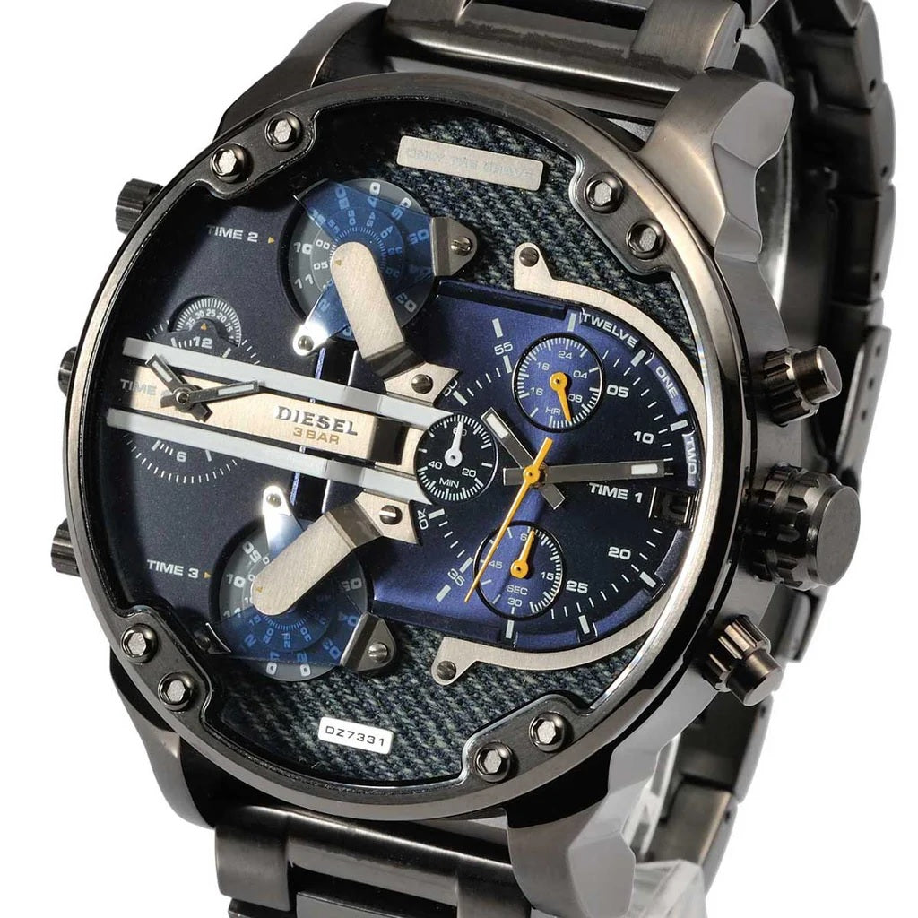 Angled view of the Diesel DZ7331 highlighting its complex multi-time zone display, denim textured dial, and gunmetal hardware.