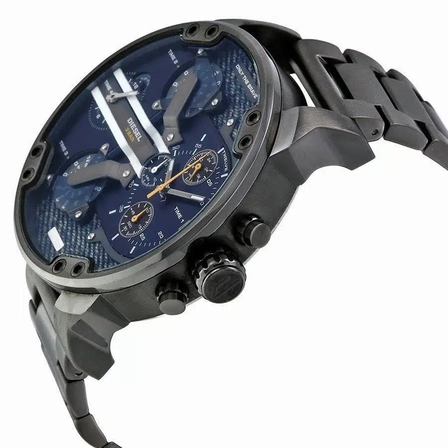 Angled side view of the Diesel DZ7331 showcasing the thick gunmetal case depth, textured crown, and chronograph pushers.