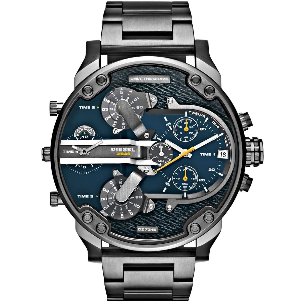 Front view of the oversized Diesel DZ7331 Mr. Daddy 2.0 men's watch featuring a gunmetal stainless steel case and a textured blue denim dial.