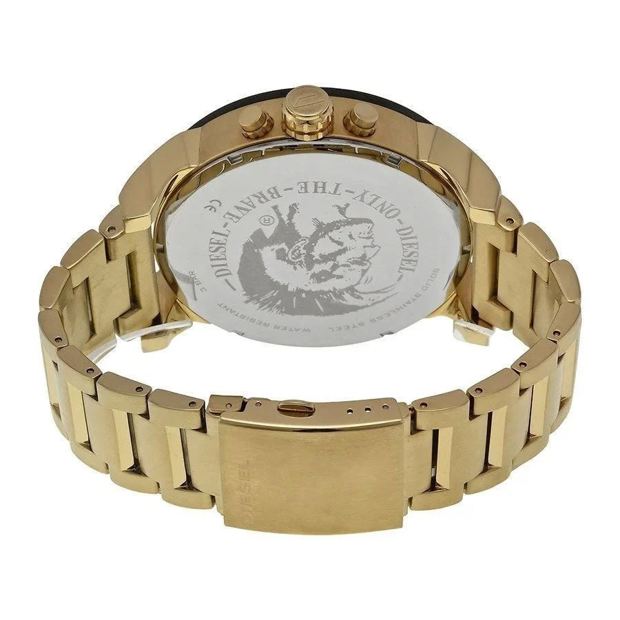 Rear view of the Diesel DZ7333 men's watch highlighting the gold-tone stainless steel link bracelet, closed deployment clasp, and case back.