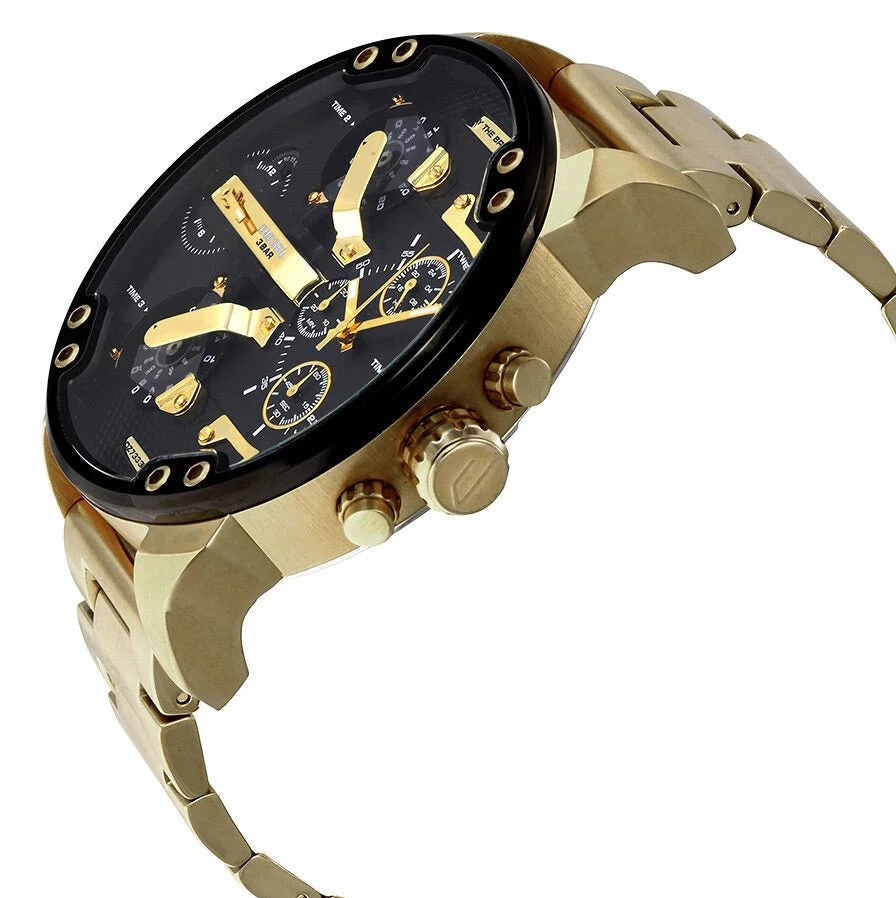 Angled view of the Diesel DZ7333 showcasing its complex multi-time zone black dial, gold-tone hardware, and link bracelet.