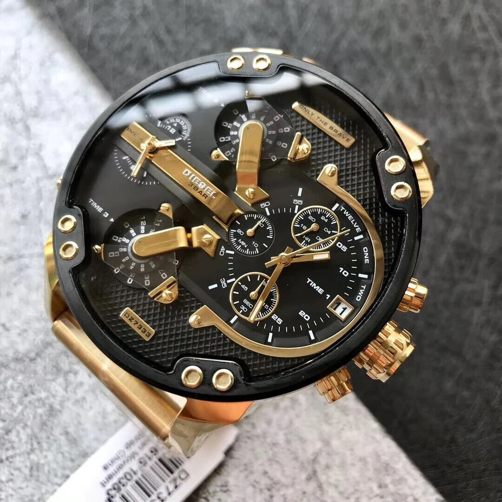 Close-up display shot of the Diesel DZ7333 gold and black watch capturing the mechanical dial details and reflective metallic finish.