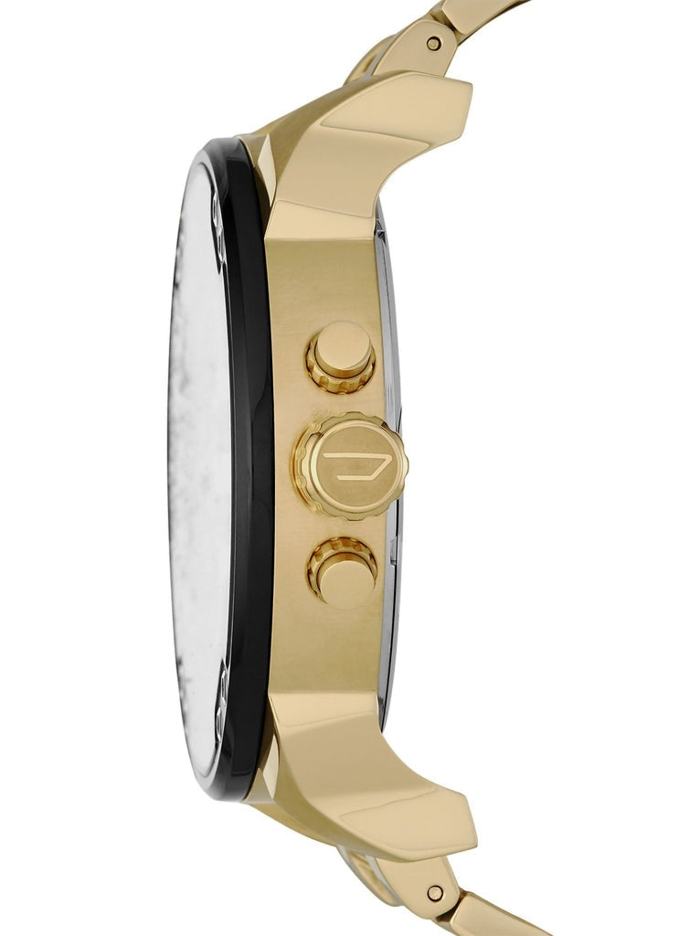 Side profile of the Diesel DZ7333 highlighting the thick gold-tone case, black bezel detail, textured crown, and chronograph pushers.