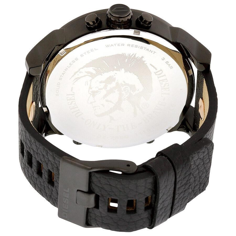 Rear view of the Diesel DZ7350 men's watch highlighting the solid engraved case back and black leather strap with tang buckle.