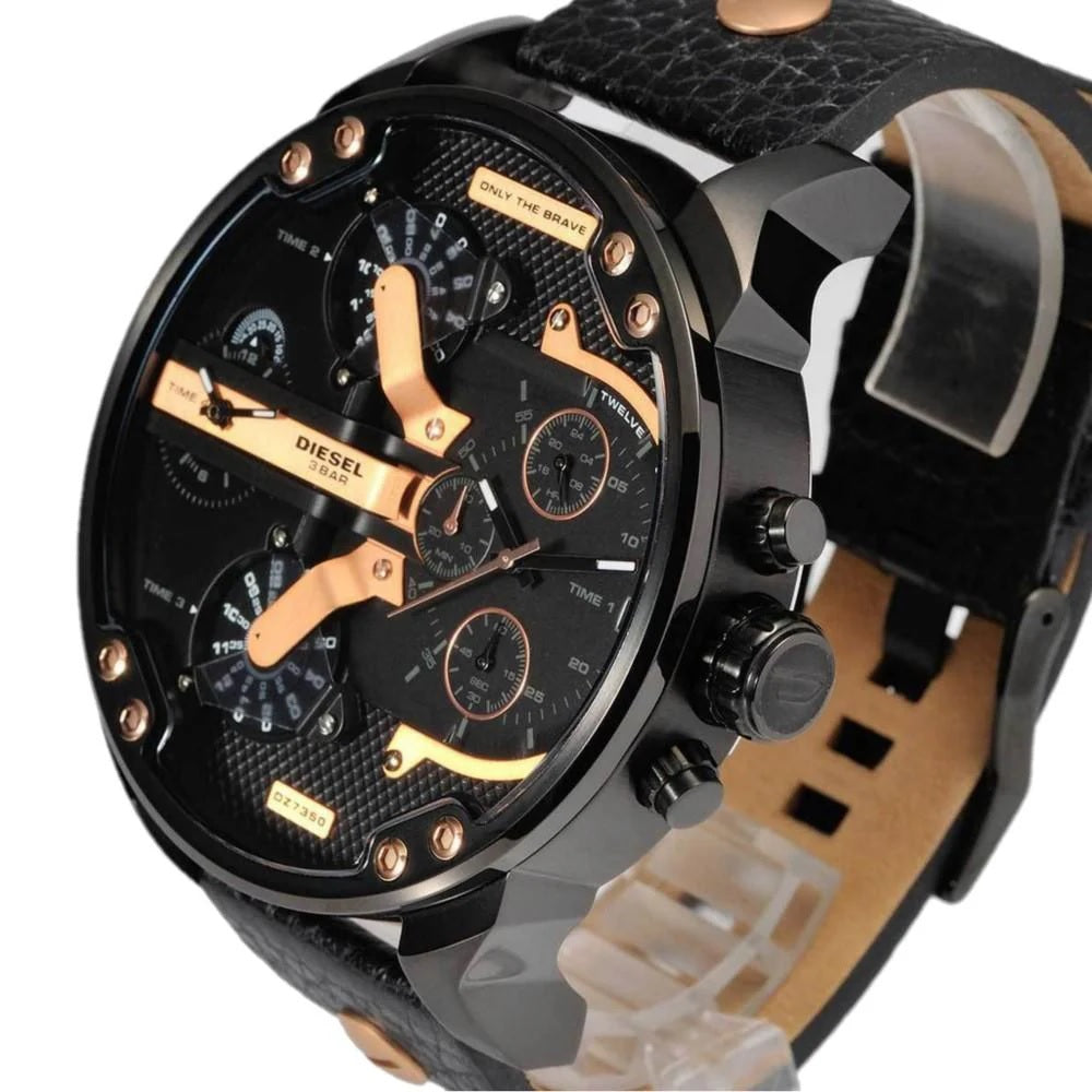 Close-up angled view of the Diesel DZ7350 highlighting the layered mechanical dial design and rose gold screw details on the strap.