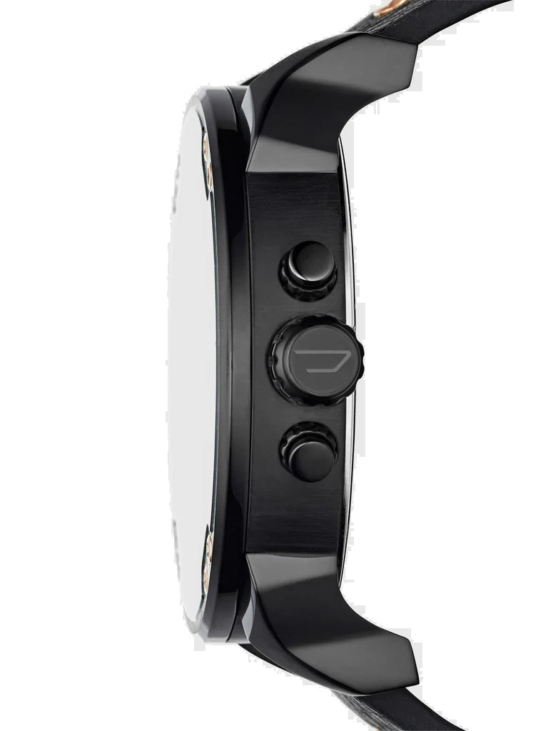 Side profile of the massive Diesel DZ7350 black watch showing the case thickness, textured crown, and chronograph pushers.