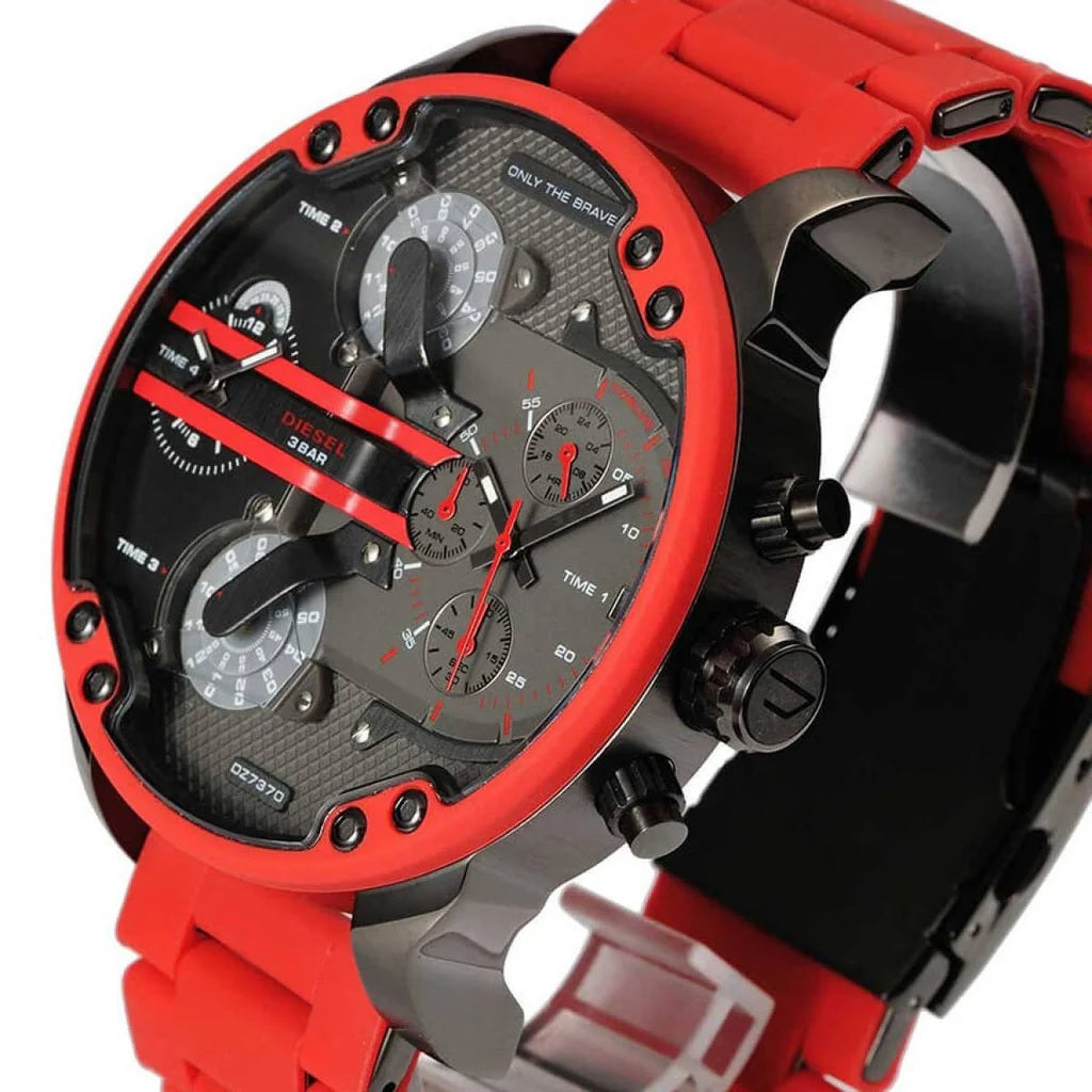 Angled side profile of the Diesel DZ7370 showcasing the deep gunmetal case, textured crown, chronograph pushers, and red silicone accents.