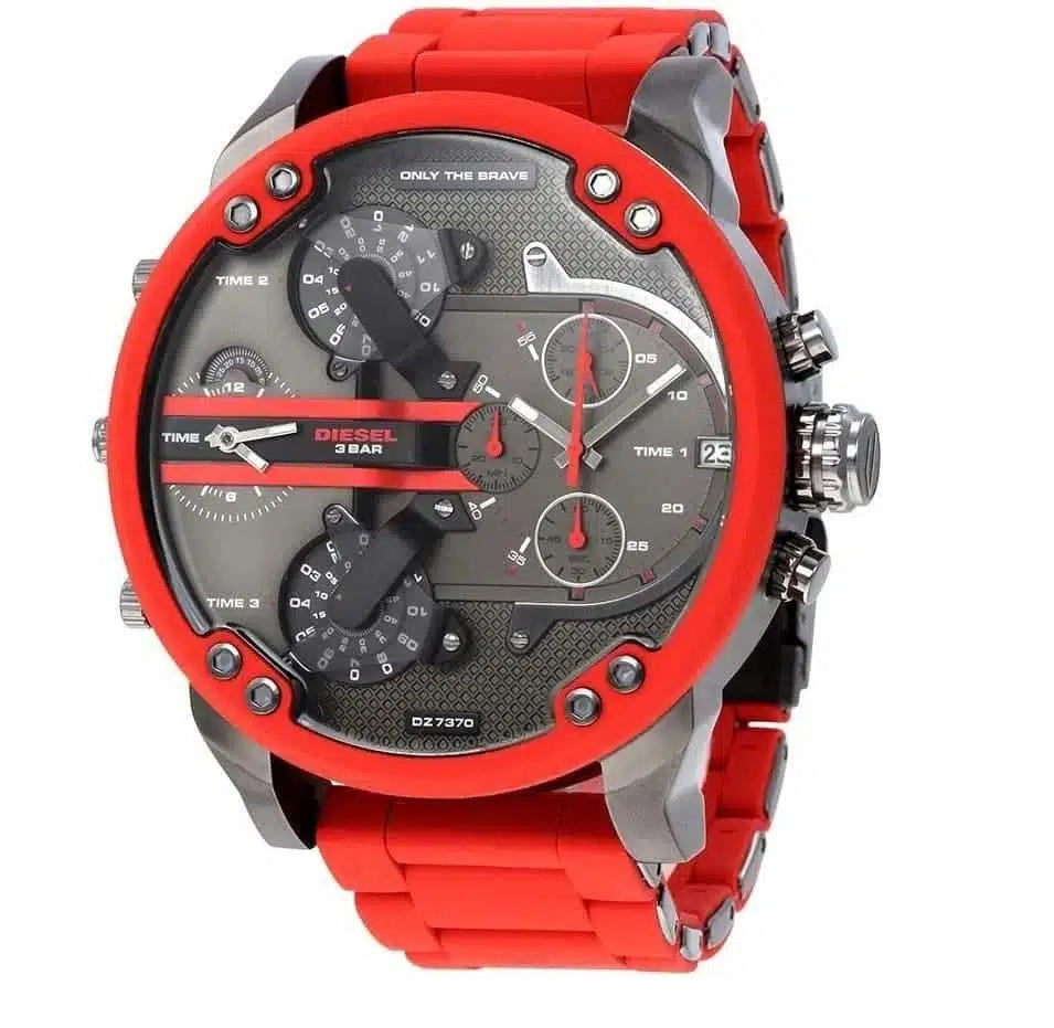 Front view of the oversized Diesel DZ7370 Mr. Daddy 2.0 men's watch featuring a gunmetal grey dial and vibrant red silicone-wrapped bracelet.