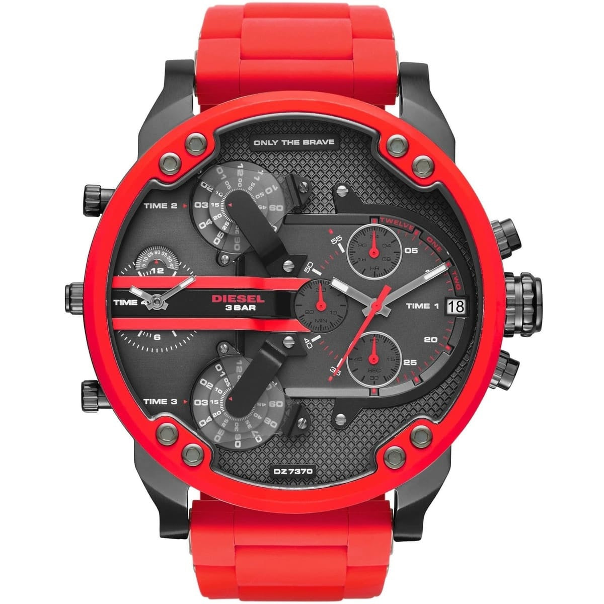 Straight-on view of the Diesel DZ7370 watch highlighting its complex multi-time zone display, dark gunmetal dial, and bold red bezel.
