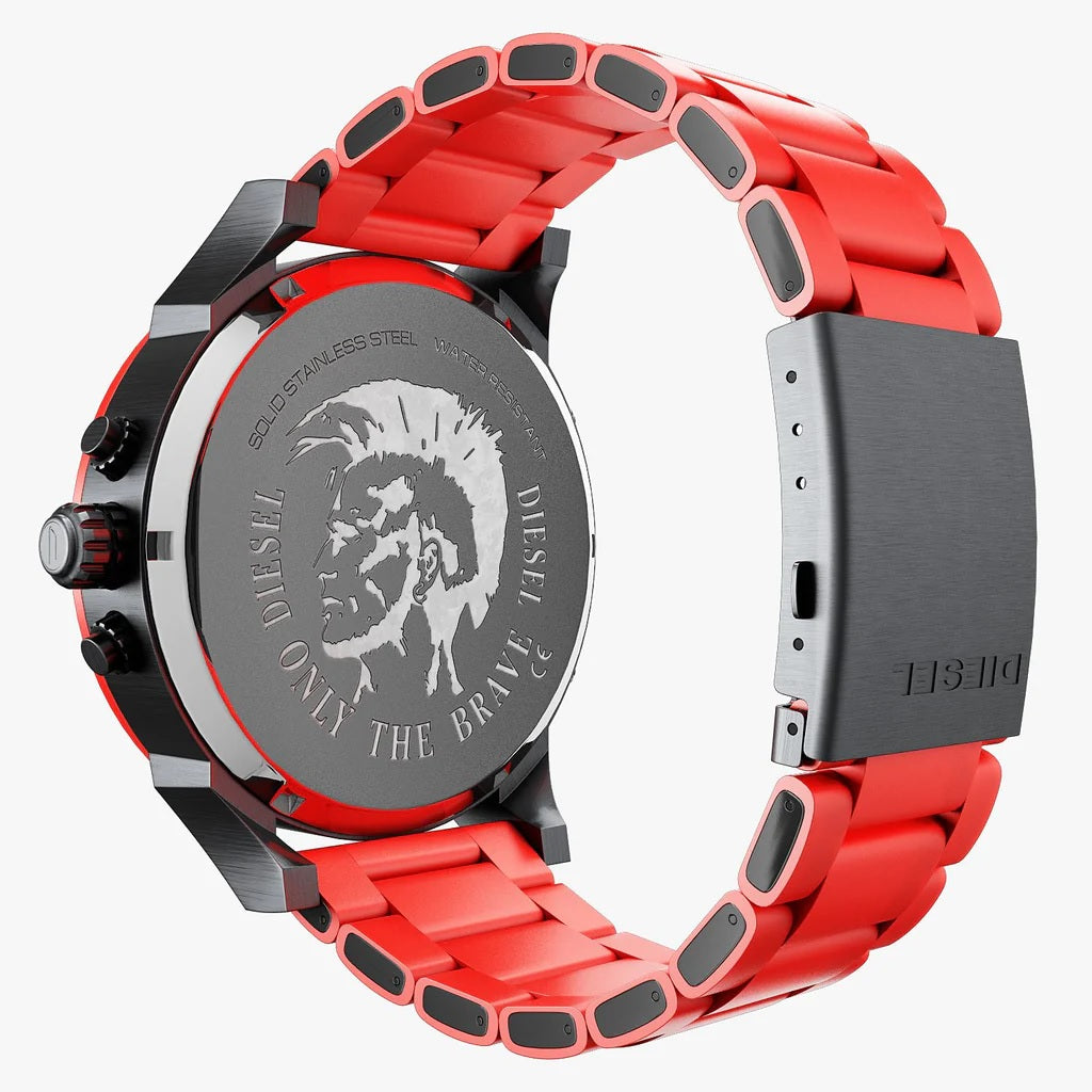 Rear view of the Diesel DZ7370 men's watch showing the engraved case back and gunmetal deployment clasp on the red silicone-wrapped strap.
