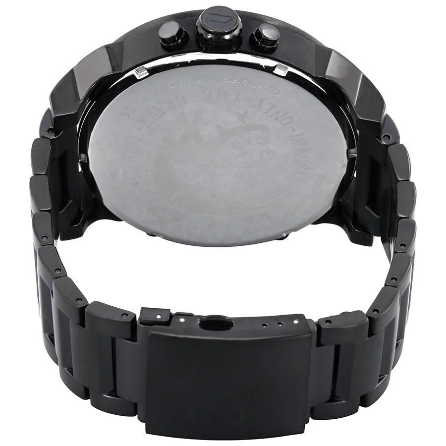 Rear view of the Diesel DZ7395 highlighting the durable black stainless steel link bracelet and closed deployment clasp.