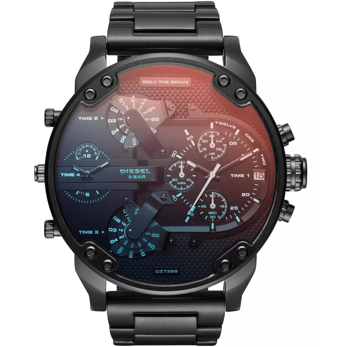 Front view of the Diesel DZ7395 Mr. Daddy 2.0 men's watch featuring a black stainless steel design and a striking iridescent crystal dial with multiple time zones.