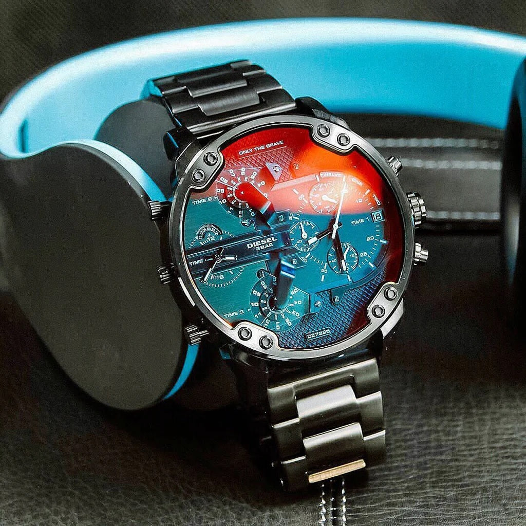 Diesel DZ7395 Mr. Daddy 2.0 watch resting on a surface, capturing the vibrant blue and red reflections of its iridescent dial.