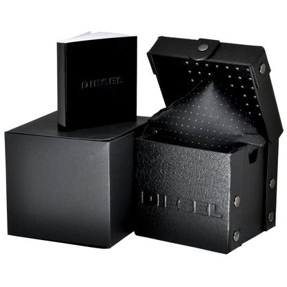 Complete official Diesel watch packaging for the DZ7395, including the black presentation box, cushion, and instruction booklet.