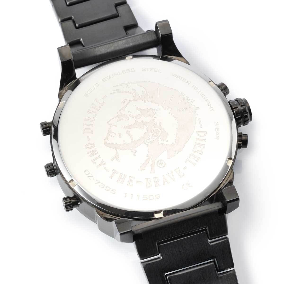 Close-up of the solid case back of the Diesel DZ7395 watch featuring the signature engraved 'Only The Brave' Mohawk logo.