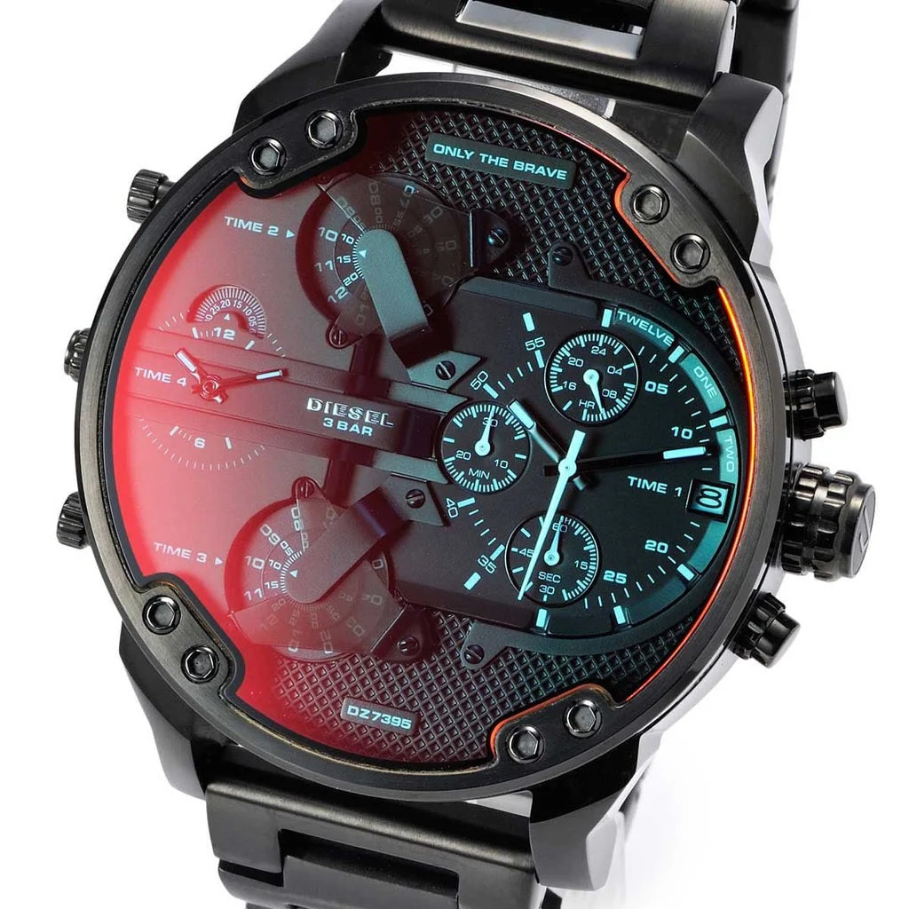 Angled close-up of the Diesel DZ7395 showcasing the red and blue color shift of the iridescent crystal over the complex multi-dial display.