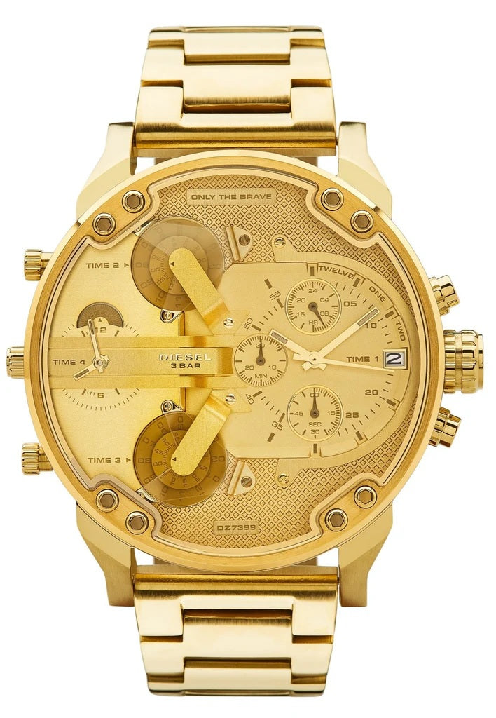 Front view of the oversized Diesel DZ7399 Mr. Daddy 2.0 men's watch featuring an all-gold-tone finish, multi-time zone dial, and chronograph functions.