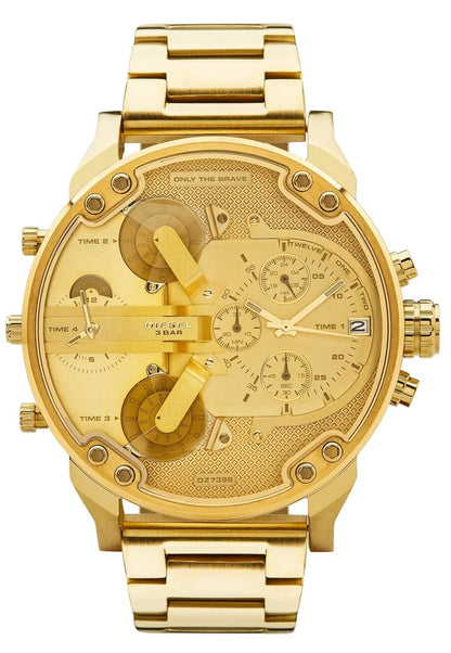 Front view of the oversized Diesel DZ7399 Mr. Daddy 2.0 men's watch featuring an all-gold-tone finish, multi-time zone dial, and chronograph functions.