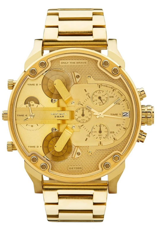 Front view of the oversized Diesel DZ7399 Mr. Daddy 2.0 men's watch featuring an all-gold-tone finish, multi-time zone dial, and chronograph functions.