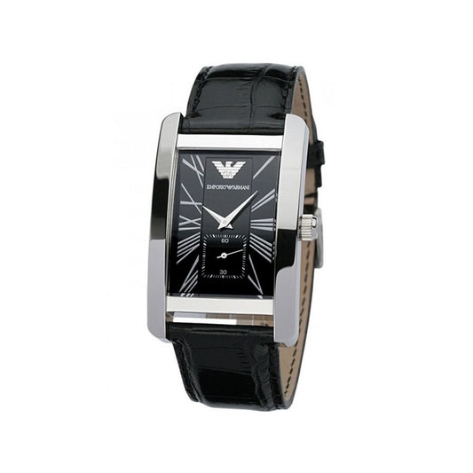 Close-up of Emporio Armani AR0143 leather strap and black dial details