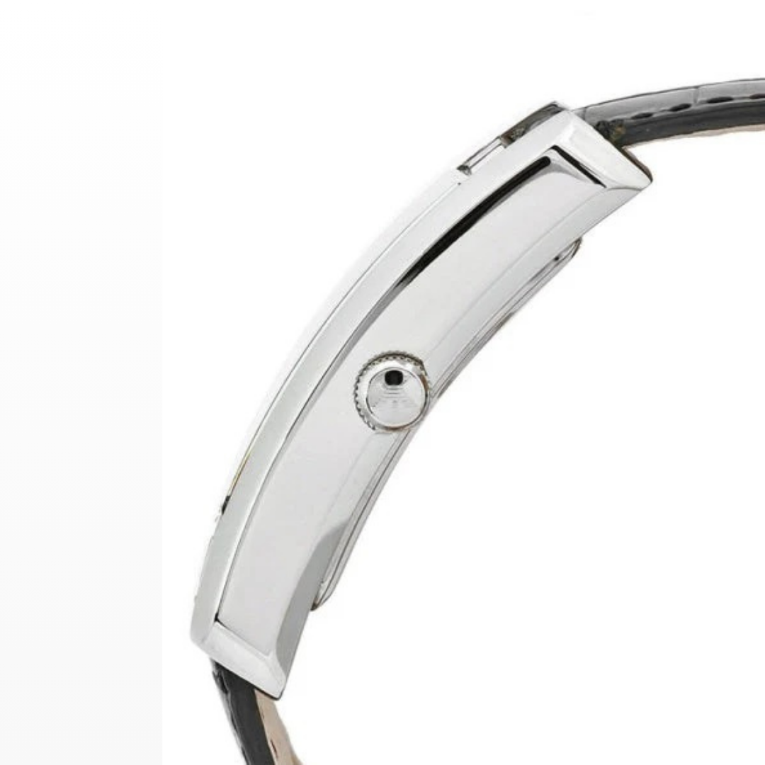 Side view of Emporio Armani AR0143 with silver case and black strap