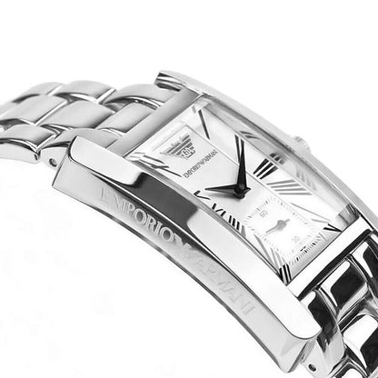 Side angle view of Emporio Armani AR0145 men’s rectangular stainless steel silver watch with polished finish