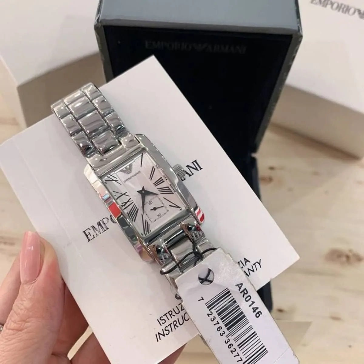 Emporio Armani AR0146 women’s watch in original branded box, offering a luxury packaging experience