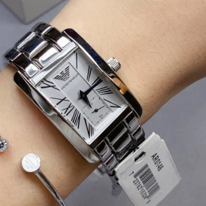 Emporio Armani AR0146 women’s stainless steel watch worn on wrist, showcasing timeless style and elegance