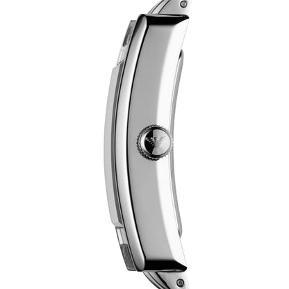 Side view of Emporio Armani AR0146 women’s watch with sleek stainless steel silver strap and polished case