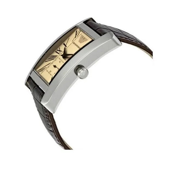 Side angle view of Emporio Armani AR0154 men’s watch with brown leather strap and polished silver case
