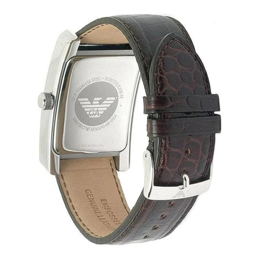 Side angle view of Emporio Armani AR0155 women’s watch with brown leather strap and silver case