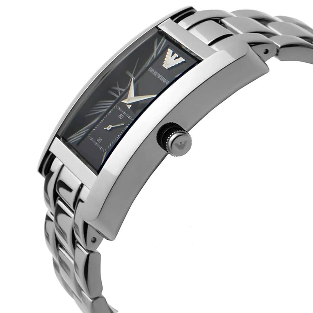 Angled view of Emporio Armani AR0156 men's rectangular watch with black dial and stainless steel silver strap