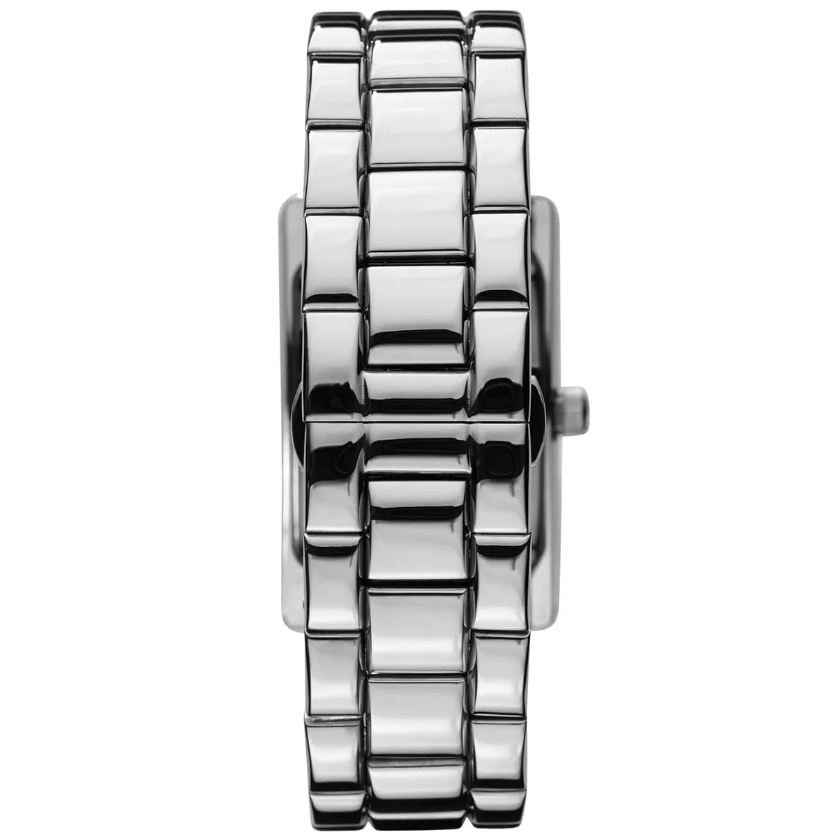 Back case view of Emporio Armani AR0156 men's rectangular watch with stainless steel silver strap