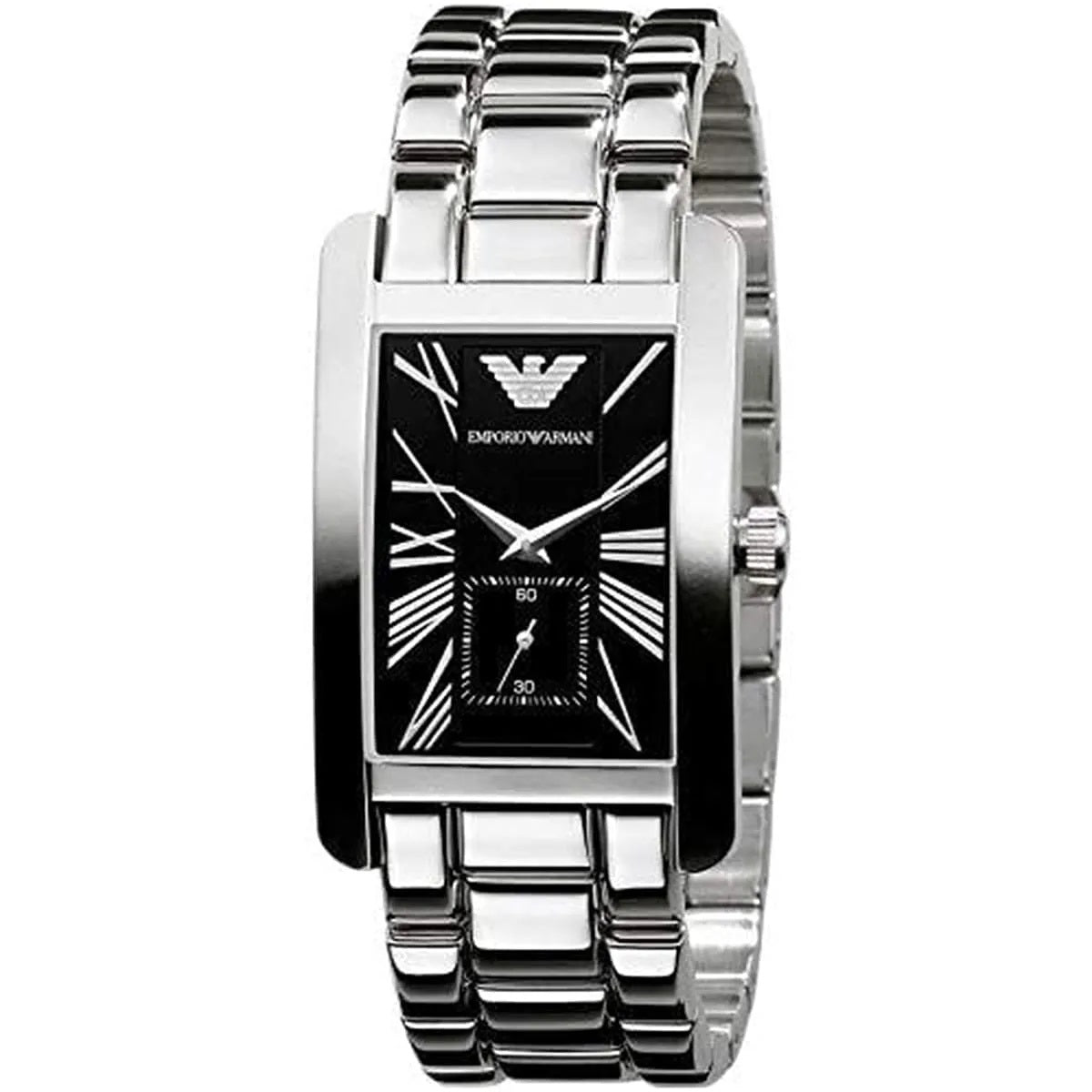 Close-up of Emporio Armani AR0156 men's rectangular watch with black dial and stainless steel silver strap
