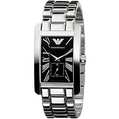 Close-up of Emporio Armani AR0156 men's rectangular watch with black dial and stainless steel silver strap
