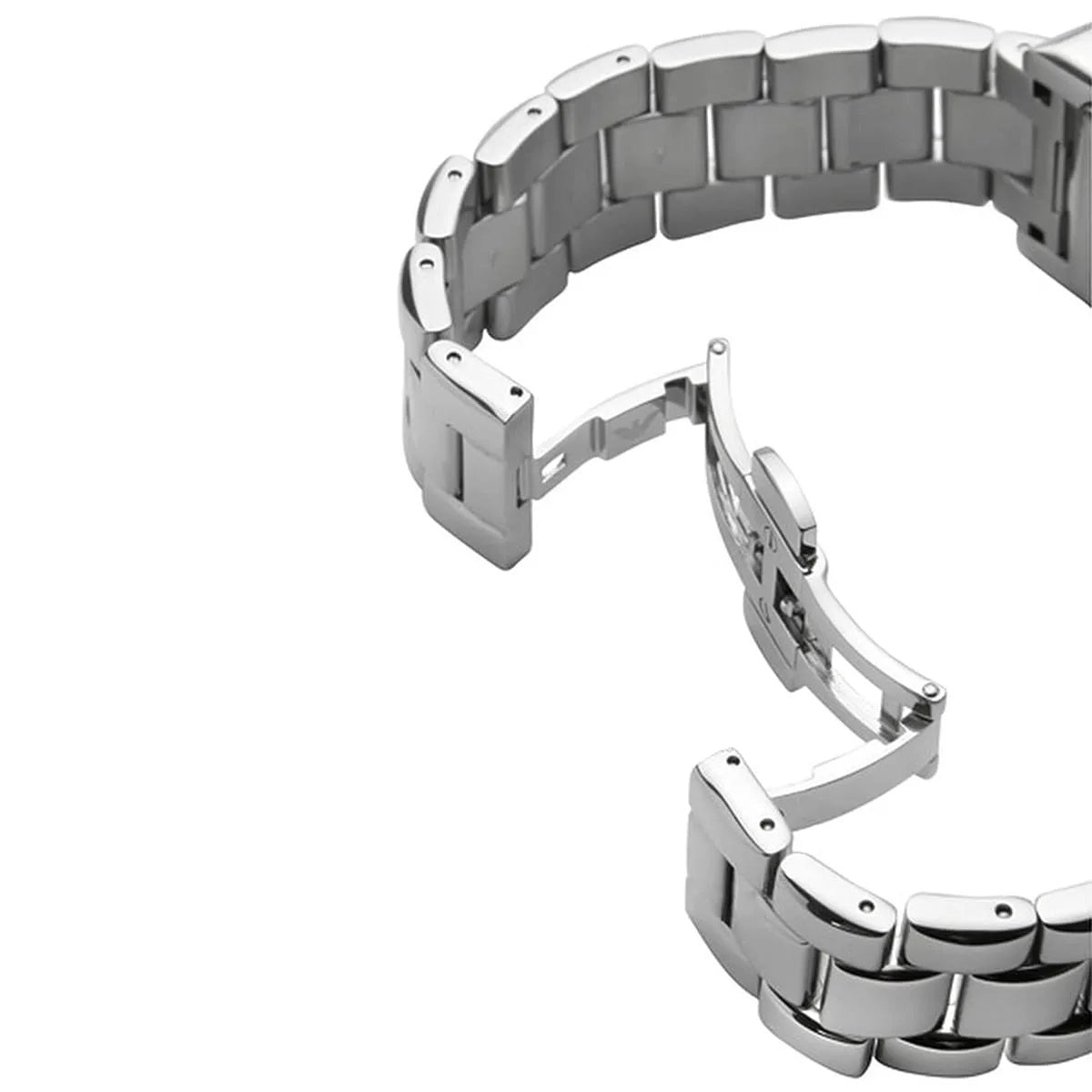 Opened clasp of Emporio Armani AR0156 men's rectangular watch with stainless steel silver strap