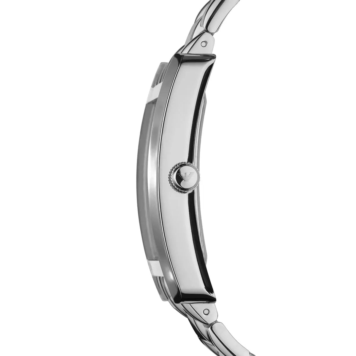 Side profile of Emporio Armani AR0156 men's rectangular watch with silver stainless steel strap and black dial