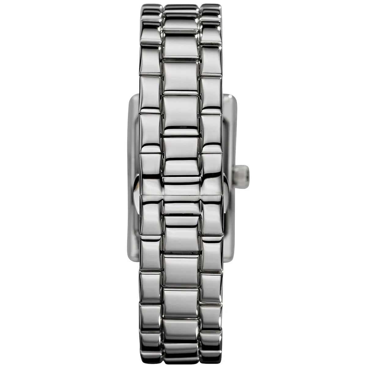 Back case view of Emporio Armani AR0157 women's watch with stainless steel silver strap