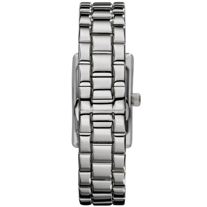 Back case view of Emporio Armani AR0157 women's watch with stainless steel silver strap
