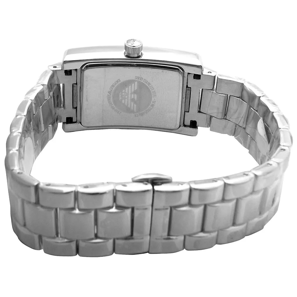Clasp of Emporio Armani AR0157 women's watch with stainless steel silver strap and black dial