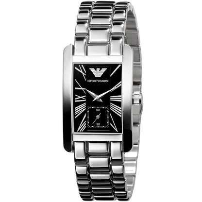 Close-up of Emporio Armani AR0157 women's watch with black dial and stainless steel silver strap