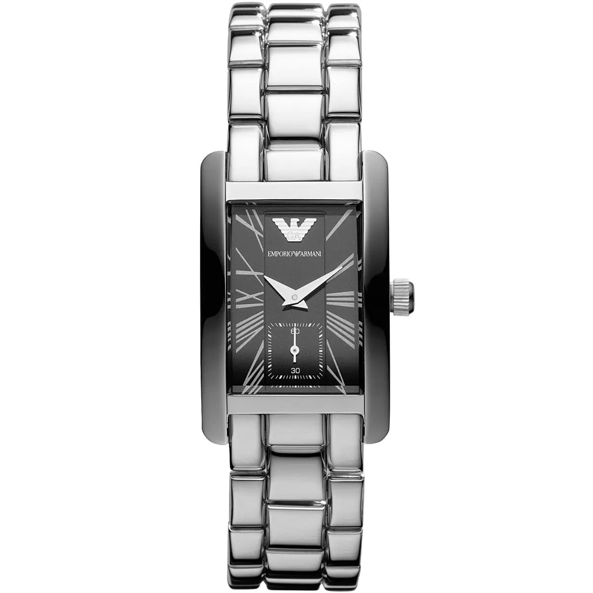 Front view of Emporio Armani AR0157 women's watch with stainless steel silver strap and black dial