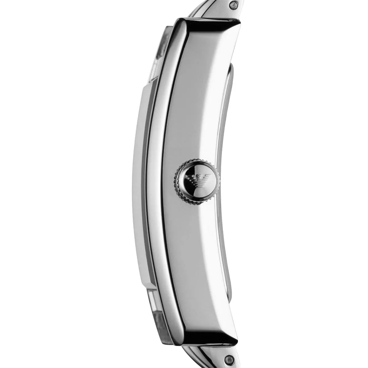 Side profile of Emporio Armani AR0157 women's watch with silver stainless steel strap and black dial