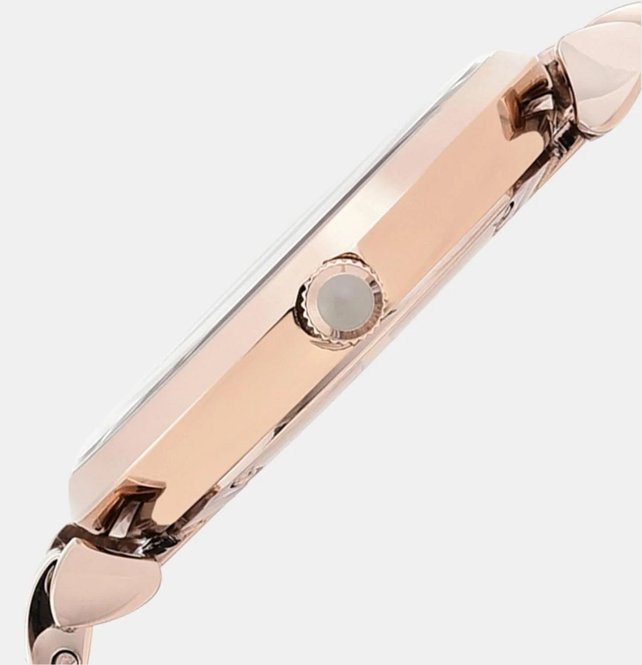 Side profile of Emporio Armani AR11059 showing stainless steel rose gold blush case