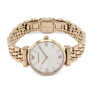 Emporio Armani AR11059 Gianni T-Bar women’s watch with stainless steel rose gold blush strap and gold dial