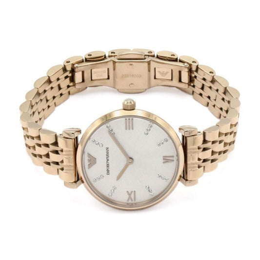 Emporio Armani AR11059 Gianni T-Bar women’s watch with stainless steel rose gold blush strap and gold dial
