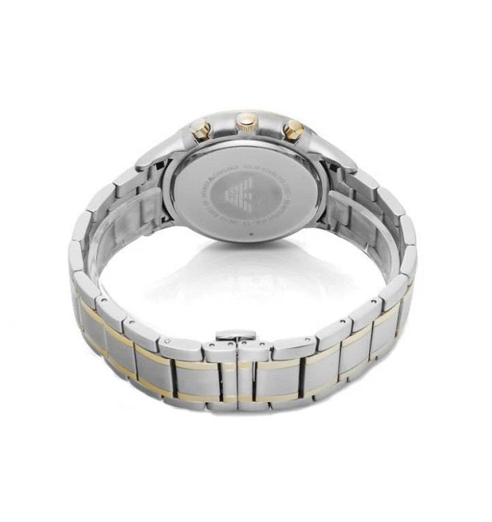 Caseback view of Emporio Armani AR11076 Renato men’s watch showing two-tone silver and gold-tone strap