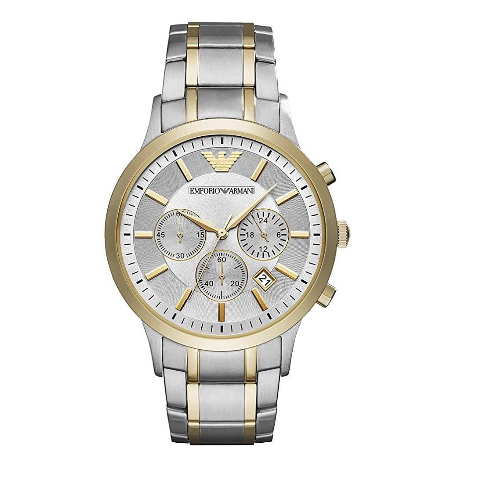 Front view of Emporio Armani AR11076 Renato men’s watch with silver dial and two-tone silver and yellow gold strap