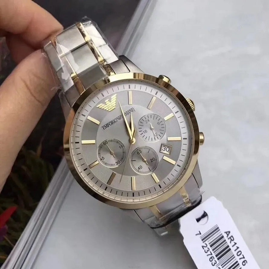 Emporio Armani AR11076 Renato men’s watch with stainless steel silver and yellow gold-tone strap and silver dial